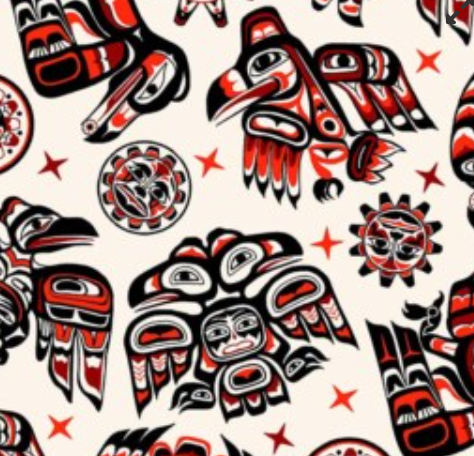 Fabric: White with Red Native Spirit the Raven (design/pattern)